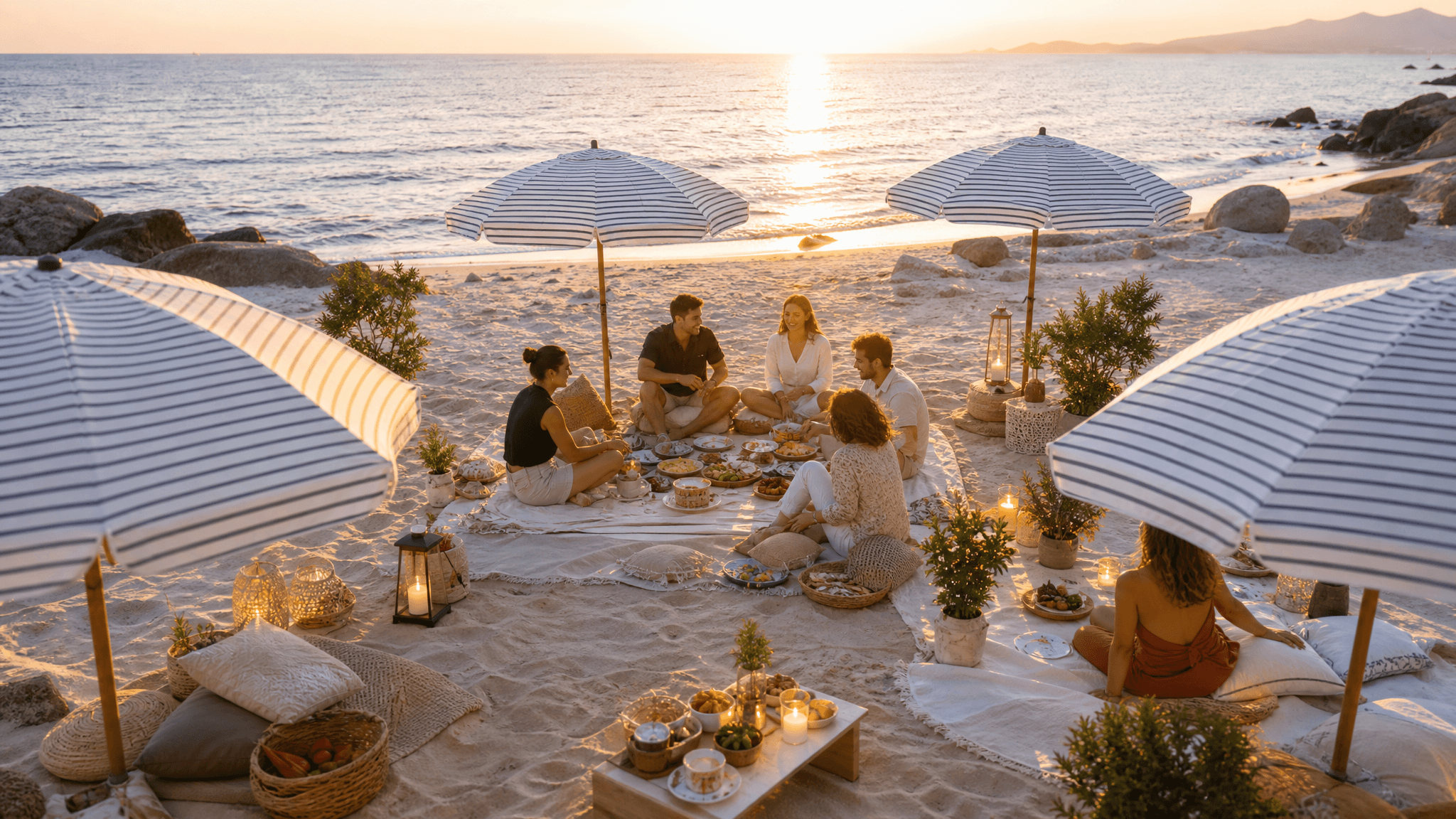 Friends gathering around an elegant sunset beach picnic